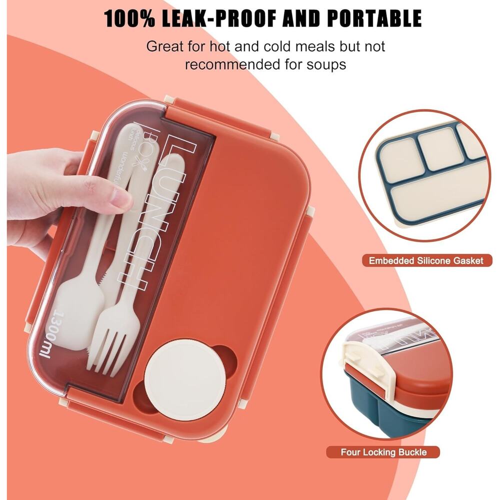 NEW Bento Box Adult Kids Lunch Box – 4 Compartments w/ Utensils Cutlery Sauce - Picture 3 of 7